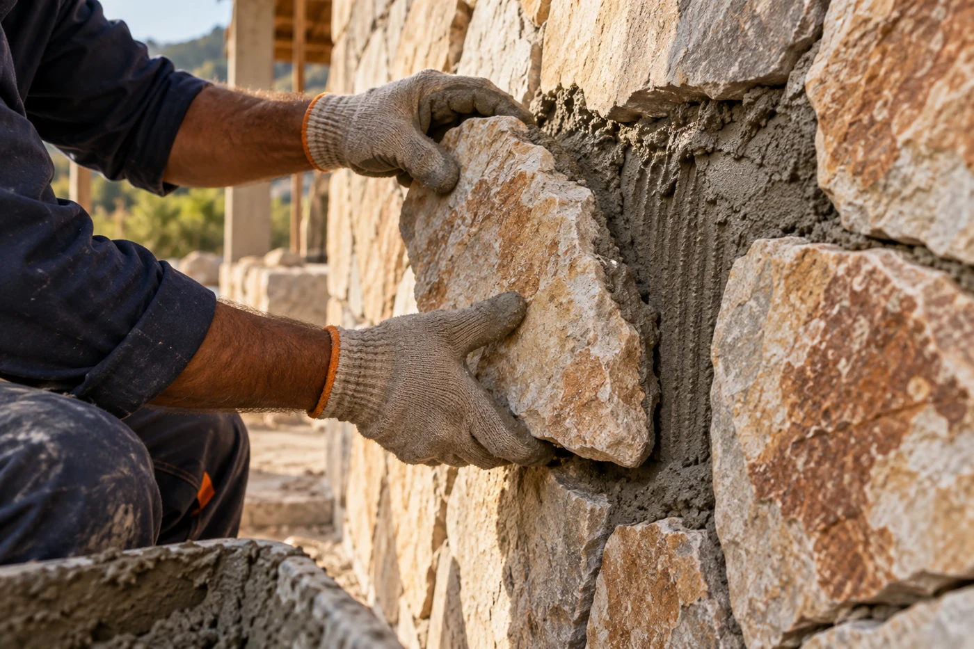 Ilustração: Profissional assentando pedra decorativa sobre argamassa.